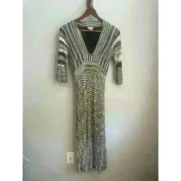 KAREN MILLEN 1 Vintage Grey Multi Zig Zag Knit Croche Midi Jumper Dress - Picture 1 of 5